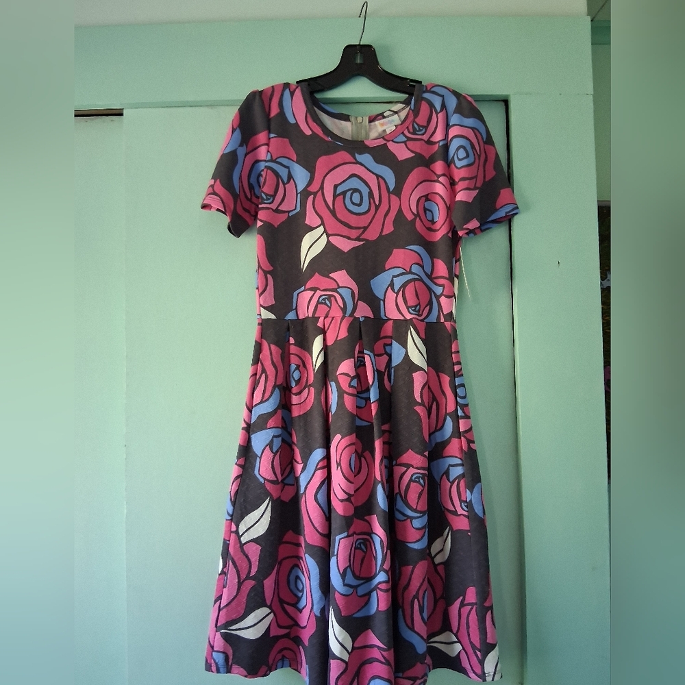 LuLaRoe Unicorn Pink and Blue Rose Midi Amelia Dress M